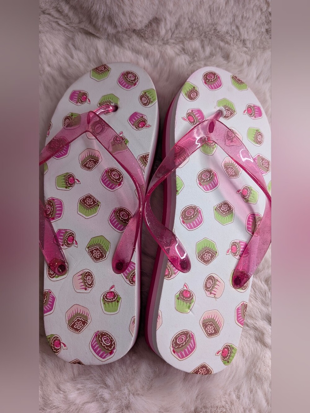 Y2K Cupcake Print Thick Sole Flip Flops. Firm